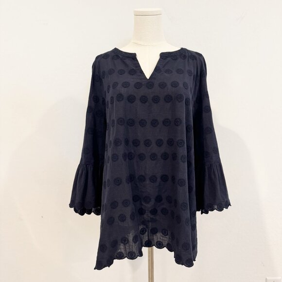 J. Jill 100% Cotton Embroidered Flare Sleeve Tunic Blouse Top Navy Blue Large - Picture 1 of 8